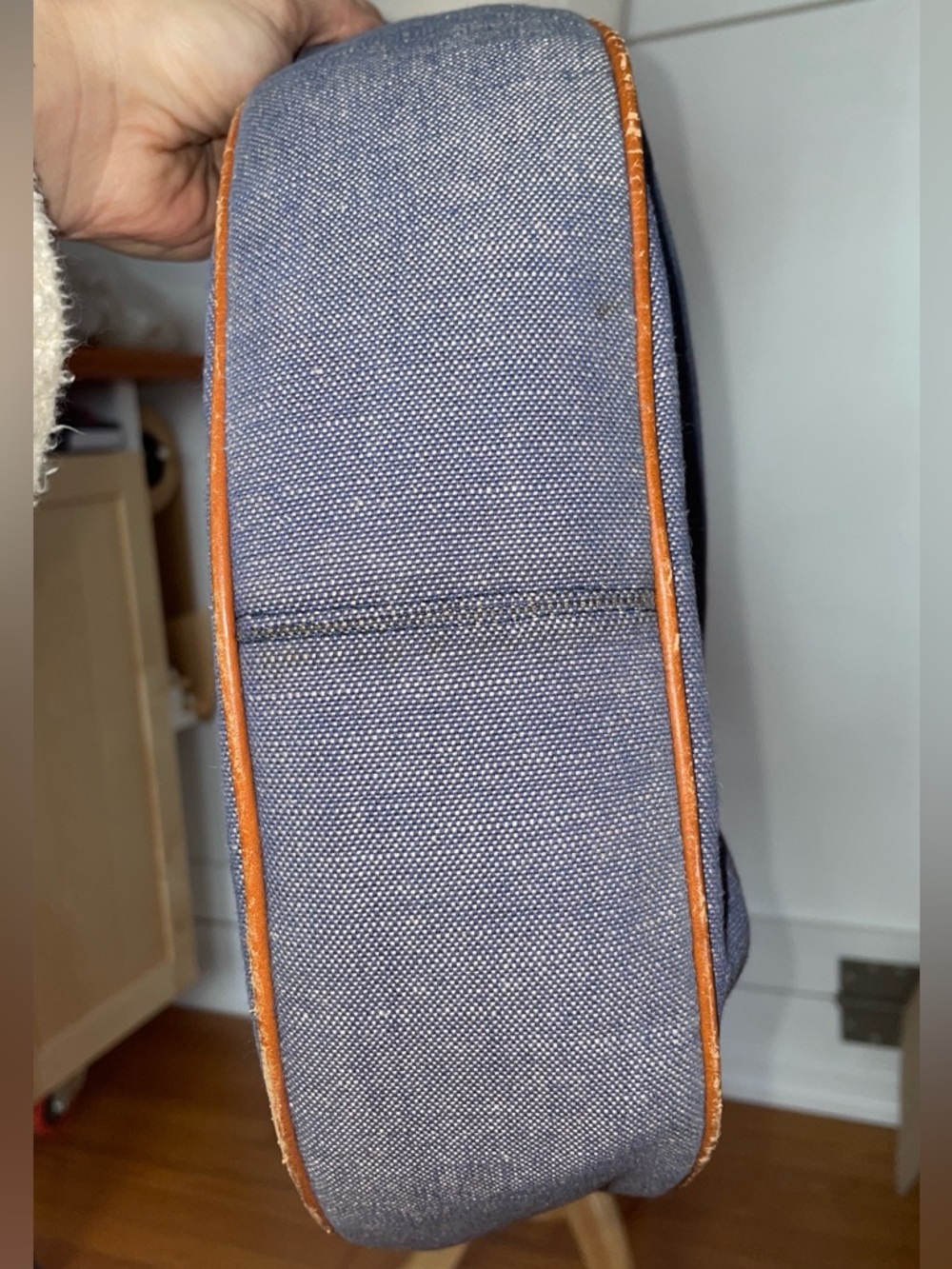 Banana Republic // Blue Canvas Shoulder Bag Crossbody Tan Leather Strap and Trim - Picture 11 of 15